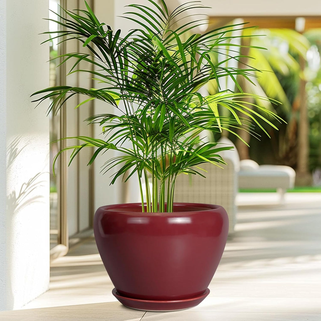10 Inch Plant Pot - Ceramic Planter Pot with Drainage Hole and Saucer Large Planter for Indoor Plants Round Outdoor Flower Pot Mid-Century Decor Red