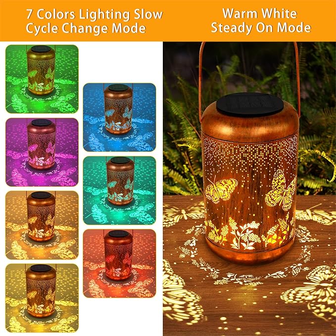Solar Lanterns Outdoor Butterfly Hanging Lantern Lights, Gardening Gifts for Mom Women Grandma Solar Lights Waterproof LED Mode Change Metal Solar Garden Decor for Patio Yard Lawn Landscape Tabletop