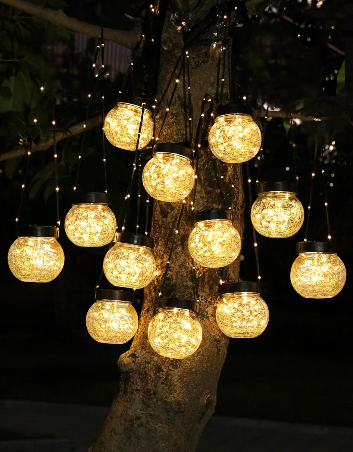 PARTPHONER Solar Lights Outdoor Waterproof 12-Pack, Solar Powered Hanging Lantern Cracked Glass Hanging Globes for Yard Decor Christmas Decoration, Shepherd Hook, Garden Tree Table Ornaments, Warm