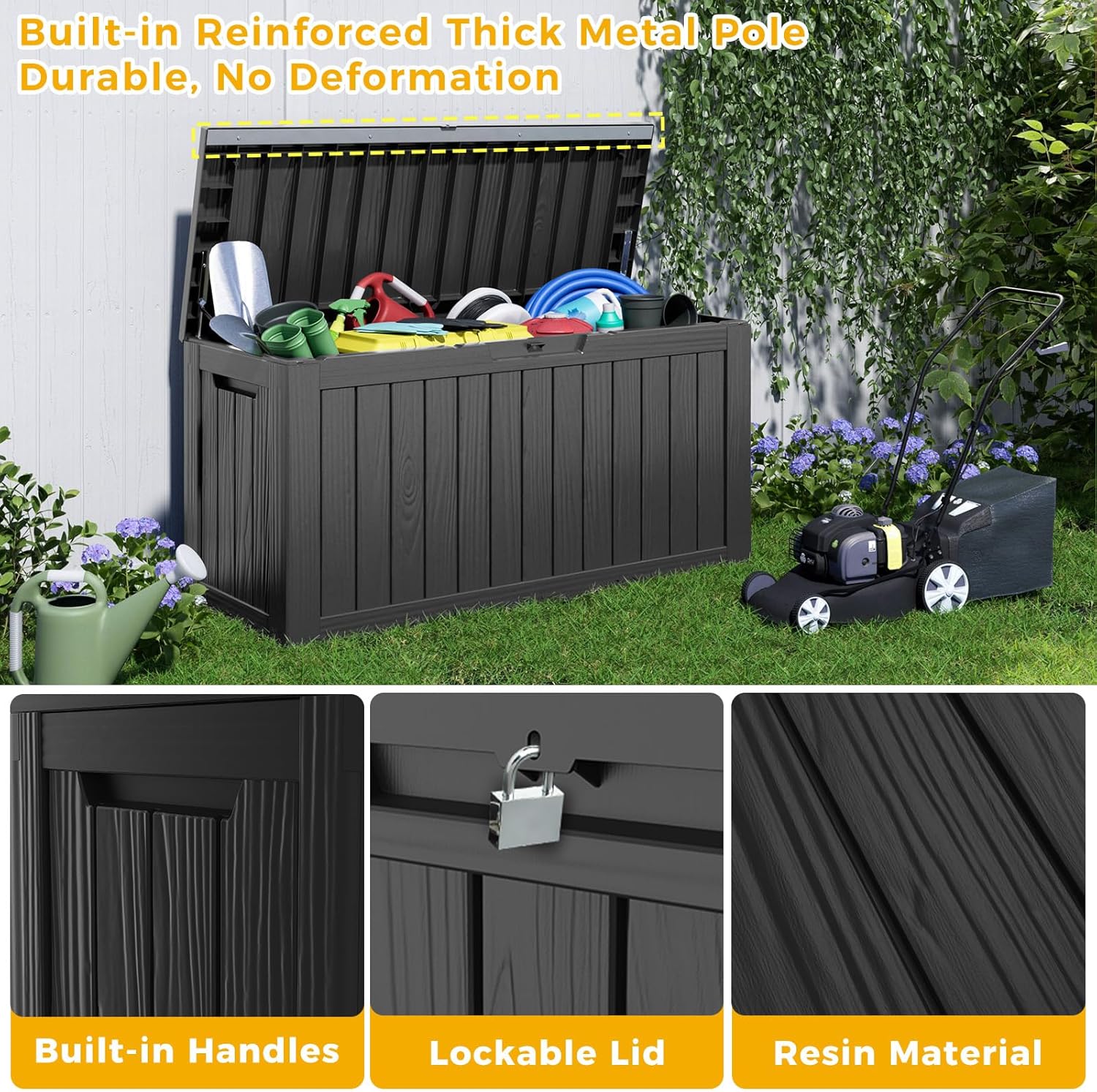 85 Gallon Deck Box Waterproof, Outdoor Storage Box Lockable for Patio Cushions, Garden Tools Accessories with Hydraulic Rod, UV-Resistant and Durable for Patio, Garden Use