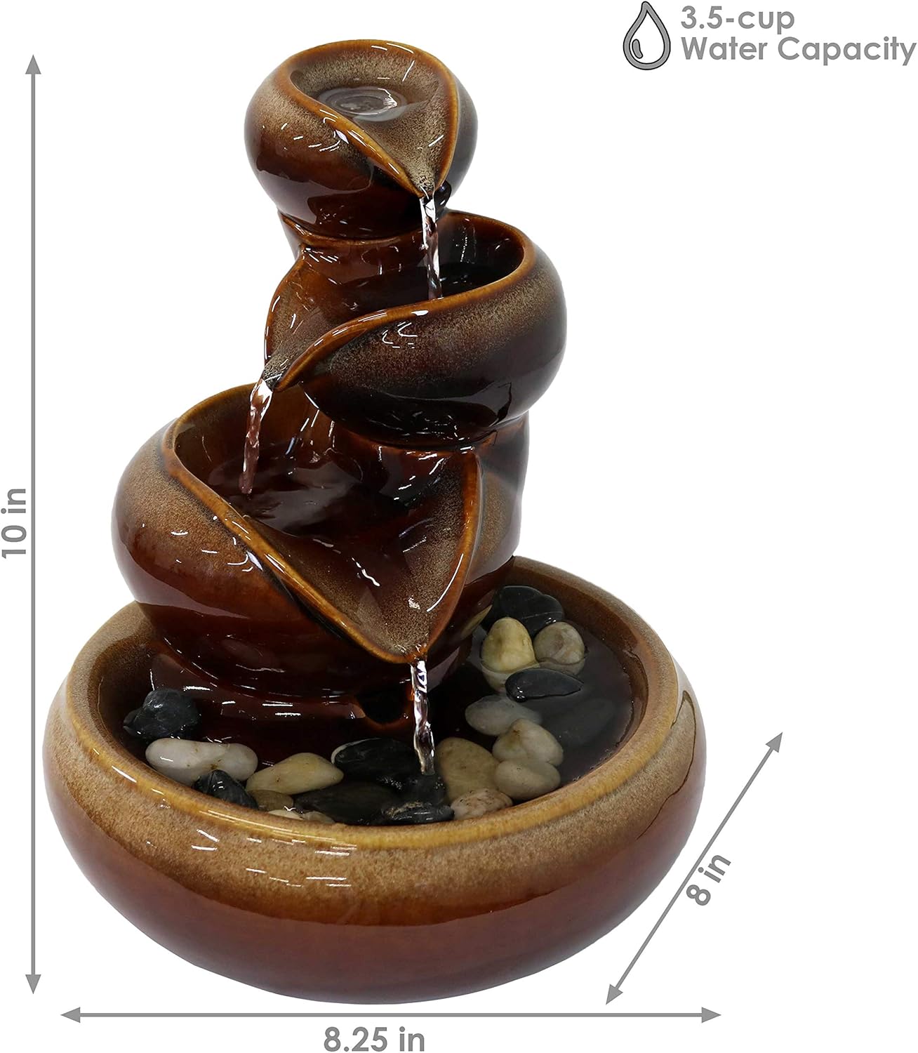 Sunnydaze Tiered Vessels Ceramic Tabletop Water Fountain - Relaxing Indoor Fountain for Office, Bedroom, or Living Room - Brown