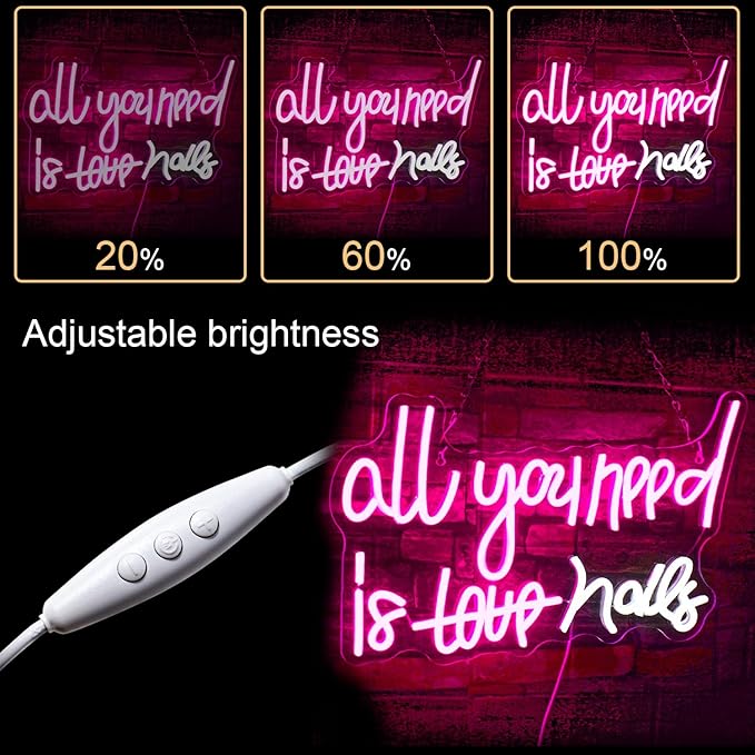 WLHOPE All You Need is Nails Neon Sign, Nail Neon Signs for Wall Decor, Pink Led Signs USB Connectivity Nails Light Up Signs for Bedroom Home Bar Girls Room Beauty Shop Nails Room, Gift for Girls