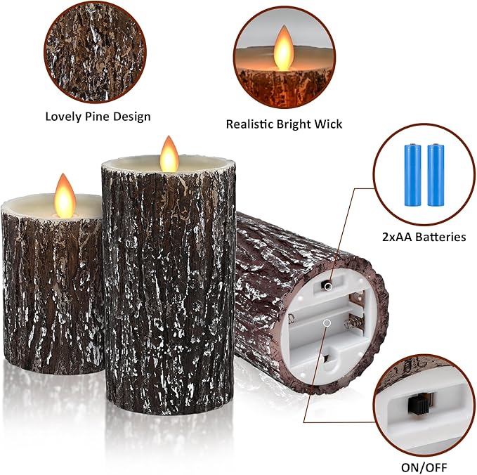 JOSU LED Flameless Candles Pine Bark Effect, Battery Operated Candles with Remote Control, LED Fake Candles, 4" 5" 6" Pack of 3, for Wedding Decor, Table Decor, Home Decoration Gifts (Pine Bark)