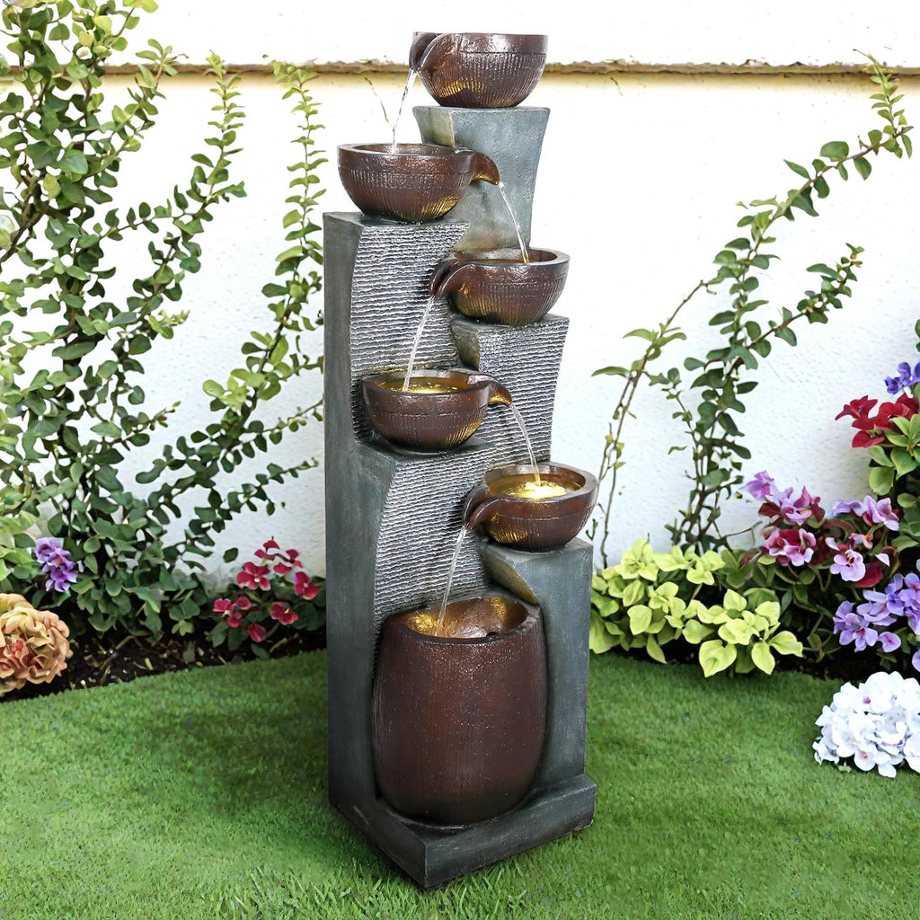 53.5” Tall 6-Tier Outdoor Water Fountain with LED Lights – Relaxing Cascading Resin Jar Waterfall for Garden, Patio, Backyard & Indoor Home Décor
