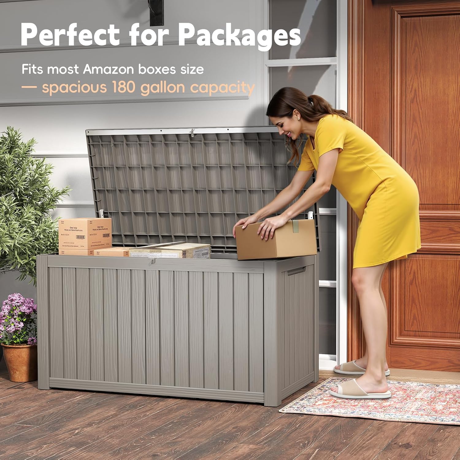 Outdoor Storage Box, 180 Gallon Waterproof Resin Deck Box, Storage Bin for Package Delivery, Patio Furniture Cushion, Garden Tools, Pool Accessories, Weatherproof and UV Resistant, Grey