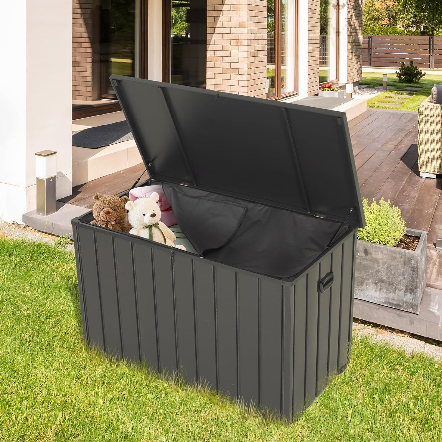 Outdoor Storage Box, 100 Gallon Metal Deck Box Built-in a Oxford Fabric Storage Bag, Lockable & Waterproof Outside Patio Storage Box for Cushions, Tools, Pool Floats- Grey