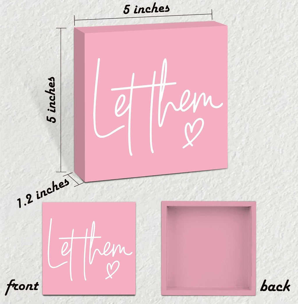 Let Them Wooden Sign, Pink Office Decorations for Work, Let Them Mental Health Rustic Wood Box Signs 5x5 Inch, Desk Shelf Tabletop Decor for Home Cubicle Decor, Office Gifts for Coworkers Women, 20