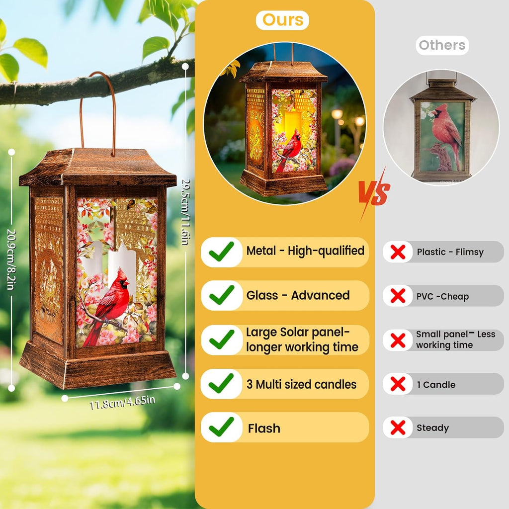 Cardinal Solar Lanterns Outdoor Waterproof, Metal & Glass Hanging Lights Garden Decor, Birthday Gifts for Women Mom Grandma Mothers Day, Decorative Lights for Outside Yard Patio Backyard Porch