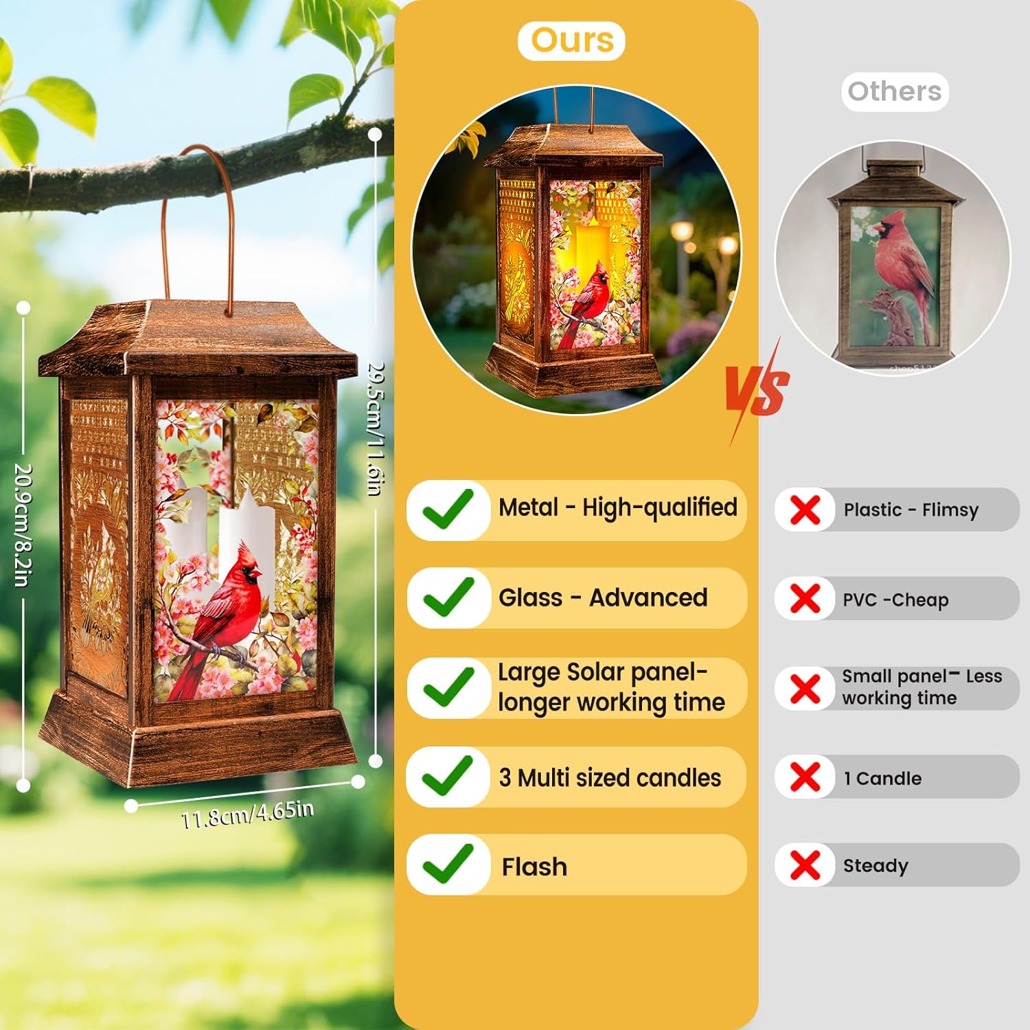 Cardinal Solar Lanterns Outdoor Waterproof, Metal & Glass Hanging Lights Garden Decor, Birthday Gifts for Women Mom Grandma Mothers Day, Decorative Lights for Outside Yard Patio Backyard Porch