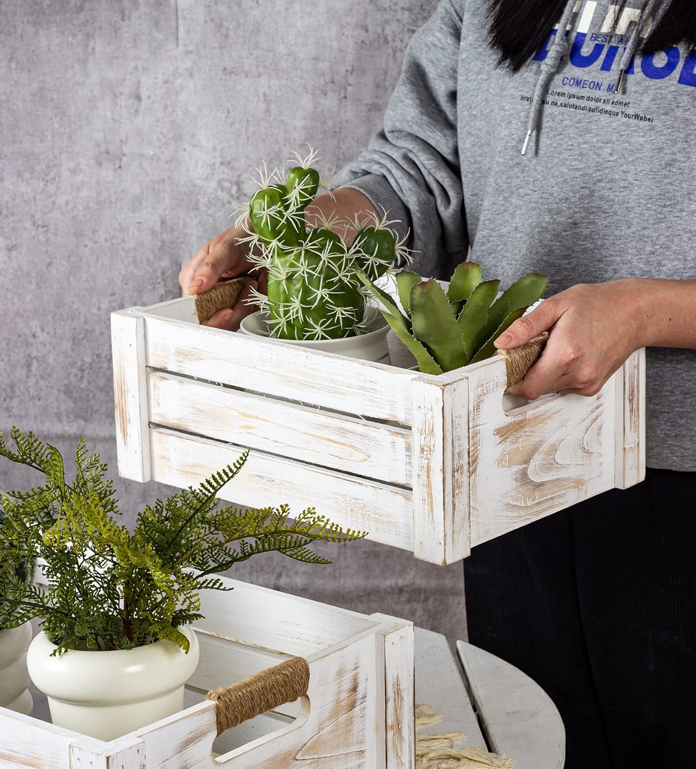 TIMRIS Set of 3 Rustic Wood Nesting Crates, Farmhouse Wooden Storage Container Boxes with Cutout Handles, Decorative Wooden Baskets for Display (Whitewash)