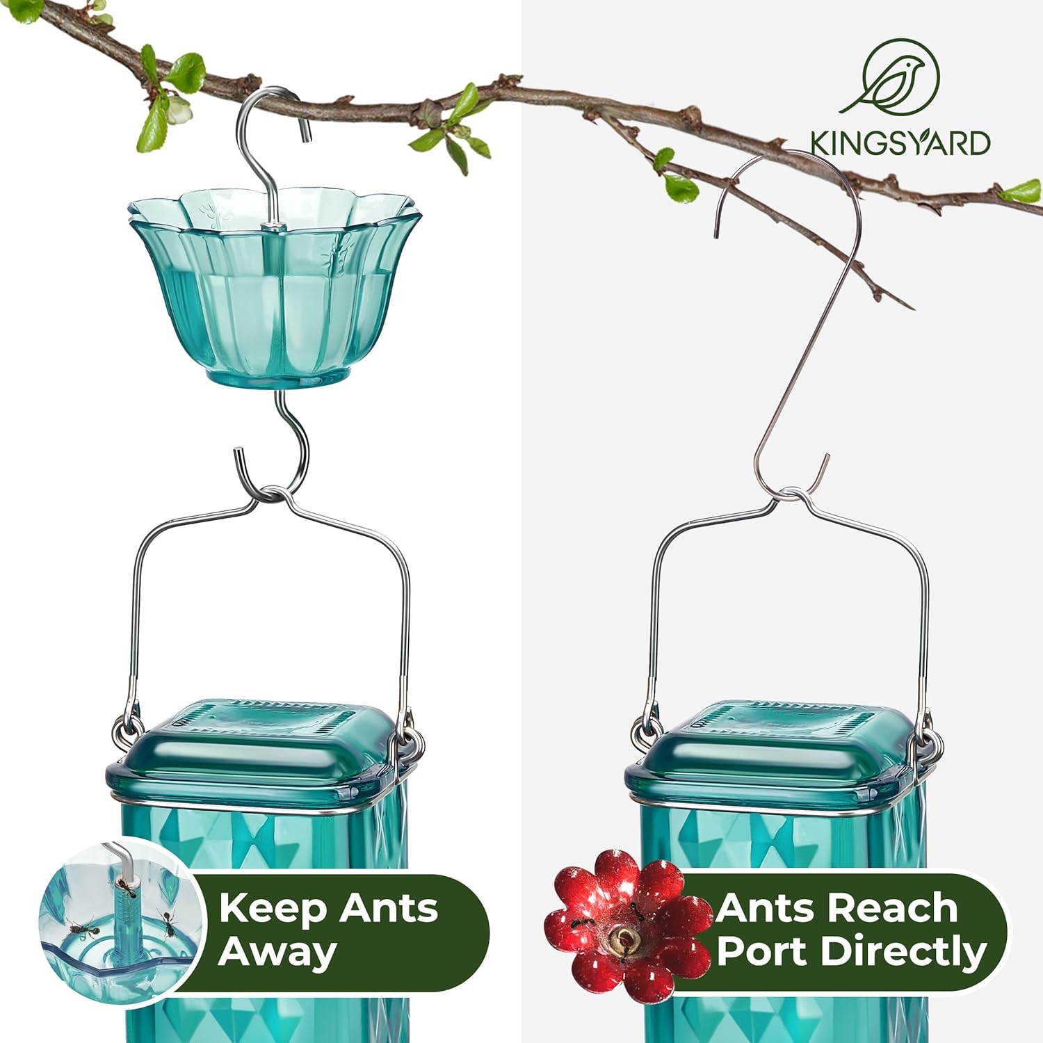 Kingsyard Glass Hummingbird Feeder for Outdoor Hanging, 24 Ounces, 6 Feeding Ports, Bird Nectar Feeder for Garden Décor, Ant Moat Included, Turquoise