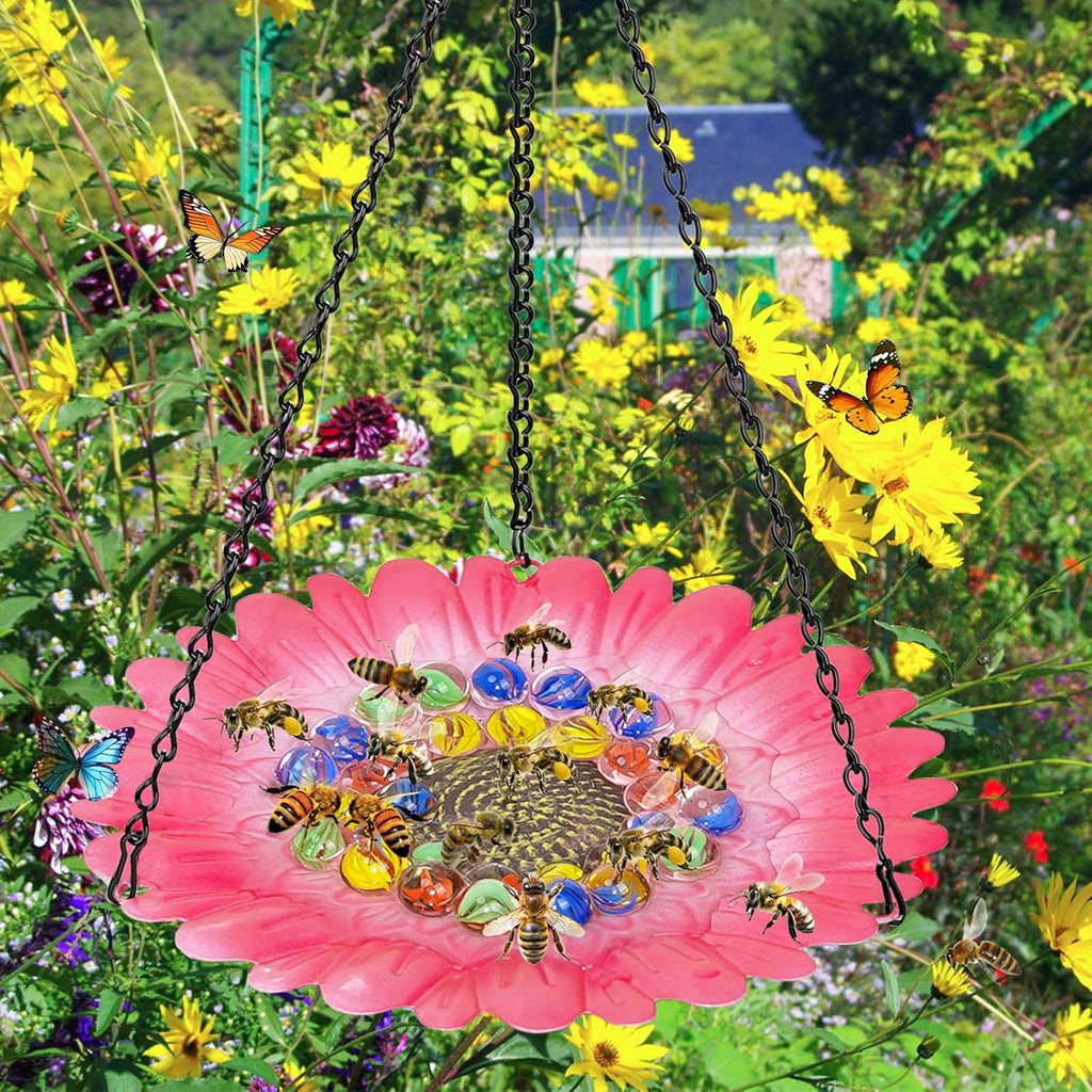 Bee Watering Station for Garden, Bee Bath Feeders for Outside with Vivid Flower Design, Hanging Butterfly Bowl with Glass Balls for Outdoor Courtyard Decoration (2Pcs-Pink)
