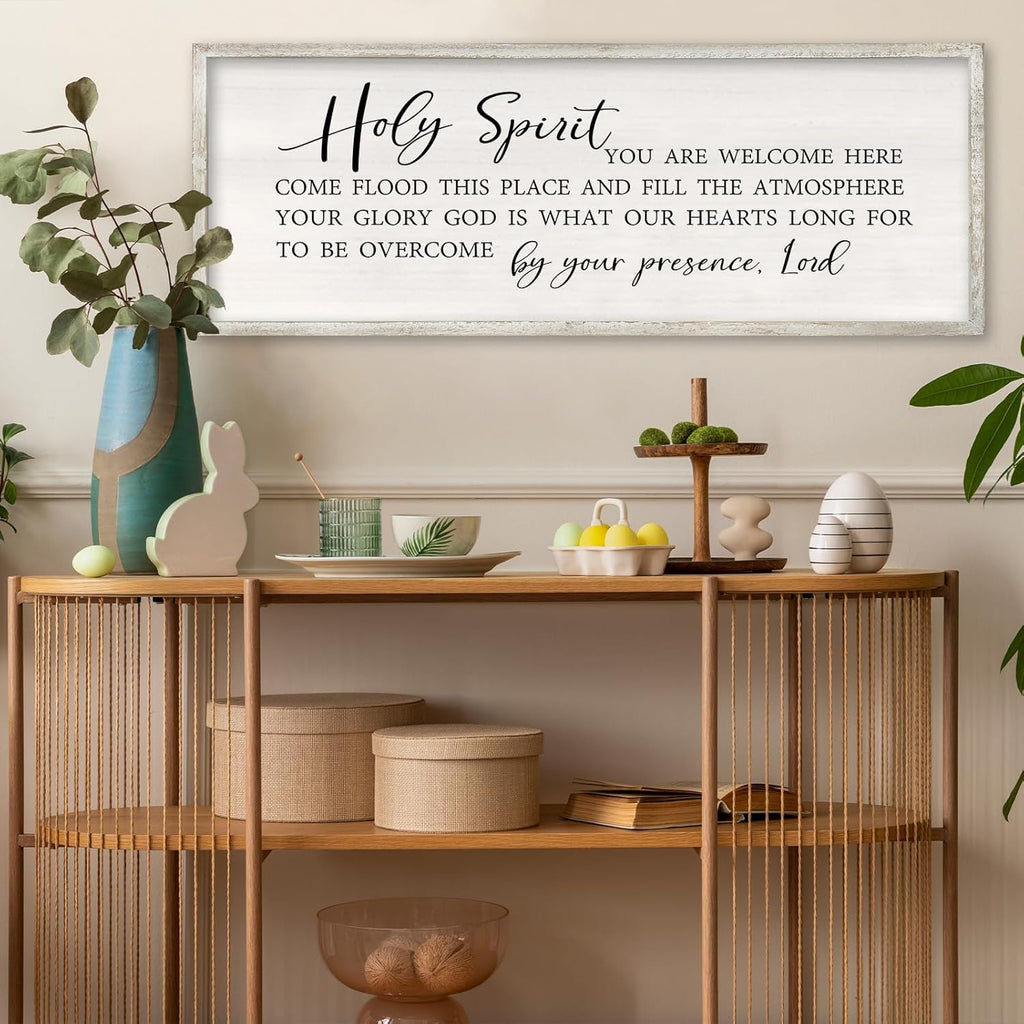 RLWangChao Christian Inspirational Wall Decor Holy Spirit You are Welcome Here Sign 32×12 Inch Bible Verse Plaque Religious Scripture Quote for Living Room Large Wood Framed Wall Hanging (White)