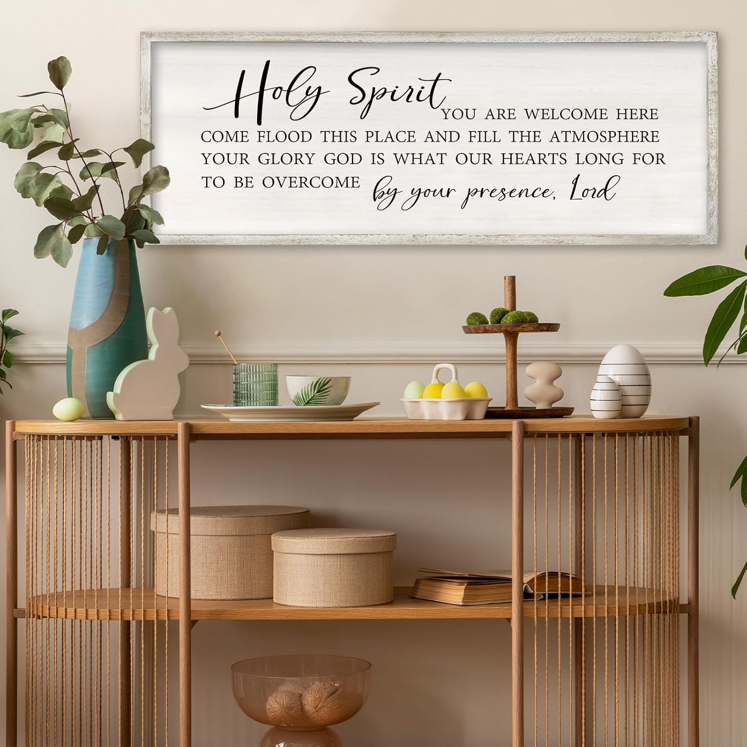 RLWangChao Christian Inspirational Wall Decor Holy Spirit You are Welcome Here Sign 32×12 Inch Bible Verse Plaque Religious Scripture Quote for Living Room Large Wood Framed Wall Hanging (White)