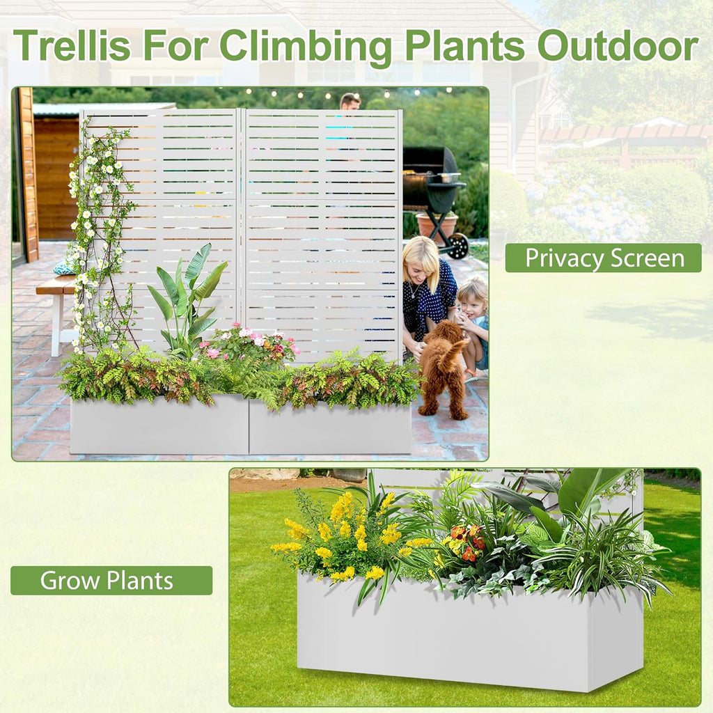 Trellis for Climbing Plants Outdoor，Mental Garden Bed with Drainage Holes Outdoor Privacy Screen Design Tall planters for herb Flower Vegetables 73"x35"x16", White-Louvered