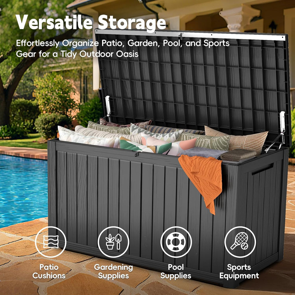 Outdoor Storage Box, 180 Gallon Waterproof Resin Deck Box, Storage Bin for Package Delivery, Patio Furniture Cushion, Garden Tools, Pool Accessories, Weatherproof and UV Resistant, Black