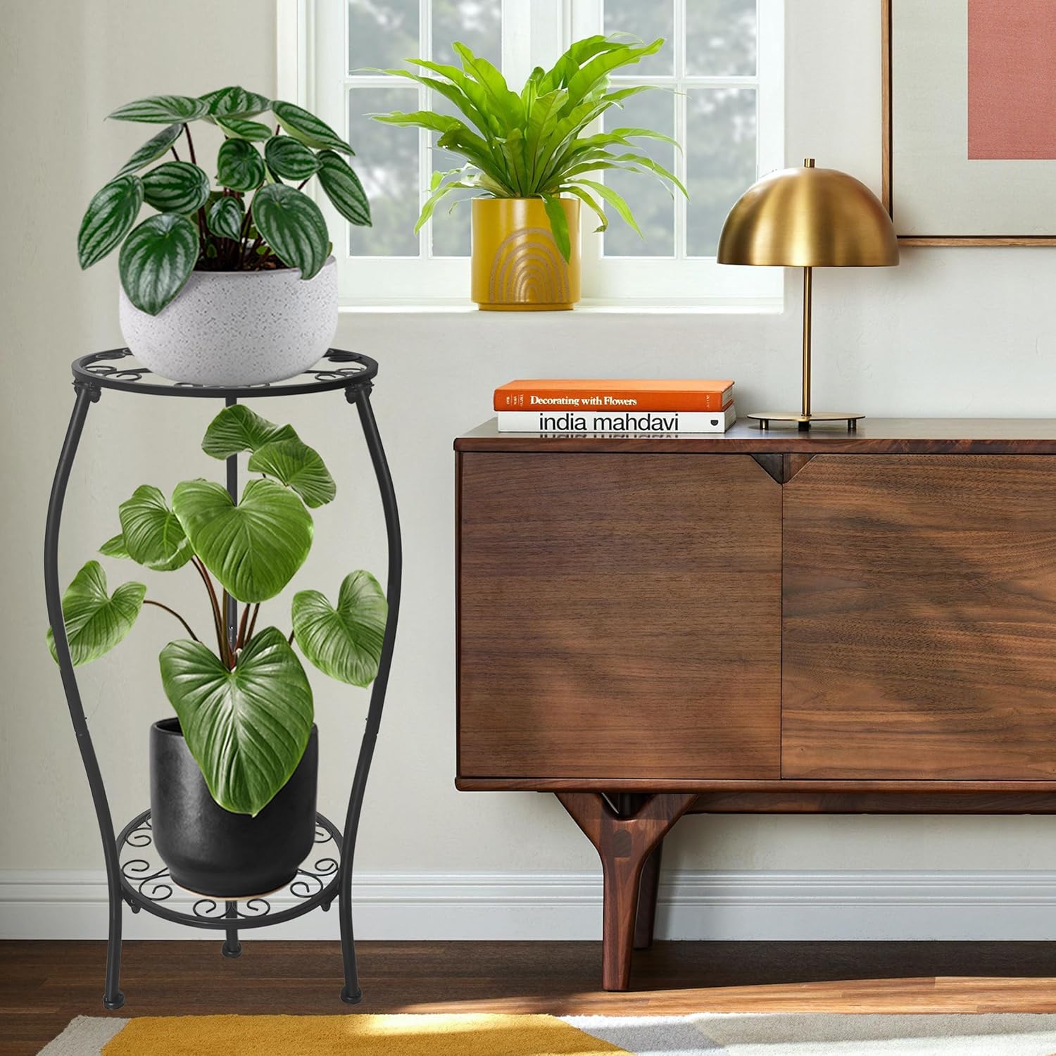 Metal Plant Stand 2 Tier Indoor Outdoor, Tall Flower Pot Shelf Rustproof Stable Corner Stand, 25.2 inch Multiple Plant Display Rack for Living Room Patio Balcony Garden