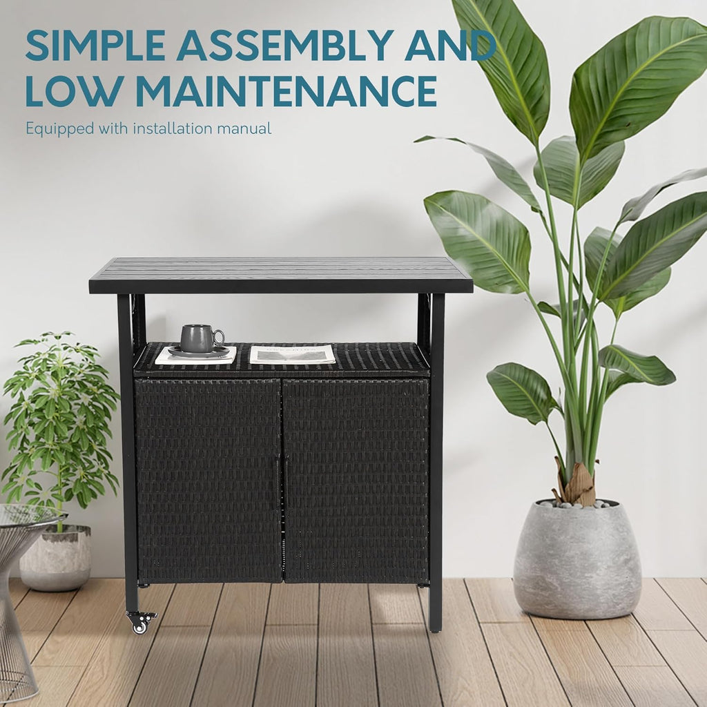 Outdoor Indoor Storage Cabinet with Rolling Wheels, Patio Serving Cart with Bar Table and Wicker Cabinet, Kitchen Island Prep Table, Black