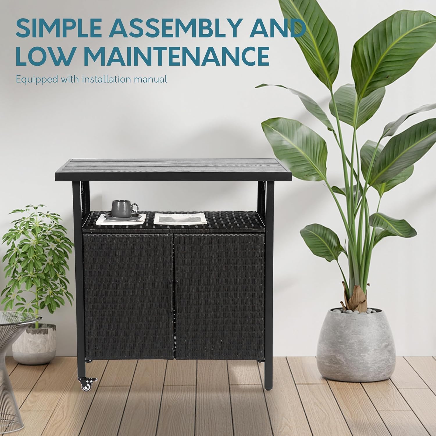 Outdoor Indoor Storage Cabinet with Rolling Wheels, Patio Serving Cart with Bar Table and Wicker Cabinet, Kitchen Island Prep Table, Black