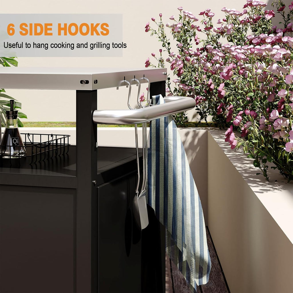 Outdoor Grill Cart with Storage Cabinet Stainless Steel Prep Stand with Storage Cabinet and Wheels Movable Whole Portable Table Outdoor Rolling Prep Station Kitchen Island Pizza Oven Table for Garden