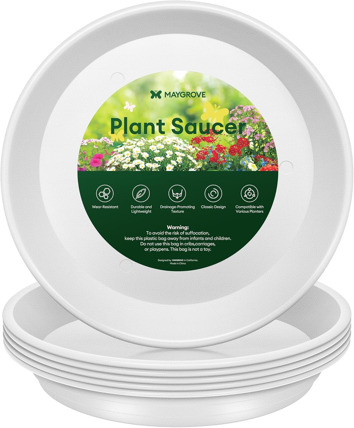 6 Pack Plant Saucer, 8 10 12 inch Plant Saucers for Indoor, Heavy Duty Plastic Plant Trays for pots, Grow Bags, Bird Baths, Flower Drip Trays for Indoor and Outdoor Uses (8", White)
