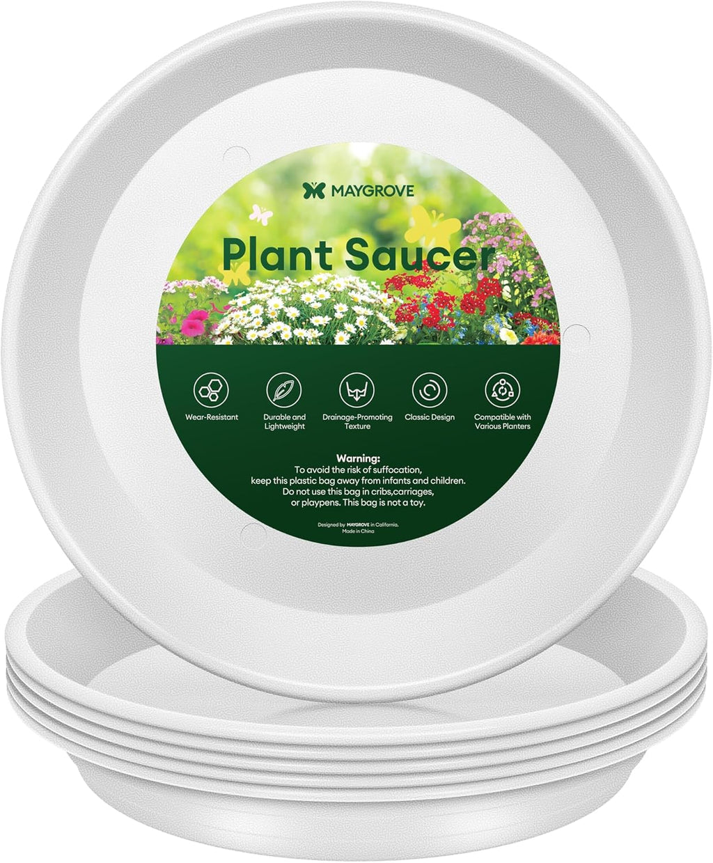 6 Pack Plant Saucer, 8 10 12 inch Plant Saucers for indoor, Heavy Duty Plastic Plant trays for pots, Grow Bags, Bird Baths, Flower Drip Trays for Indoor and Outdoor Uses (12", White)