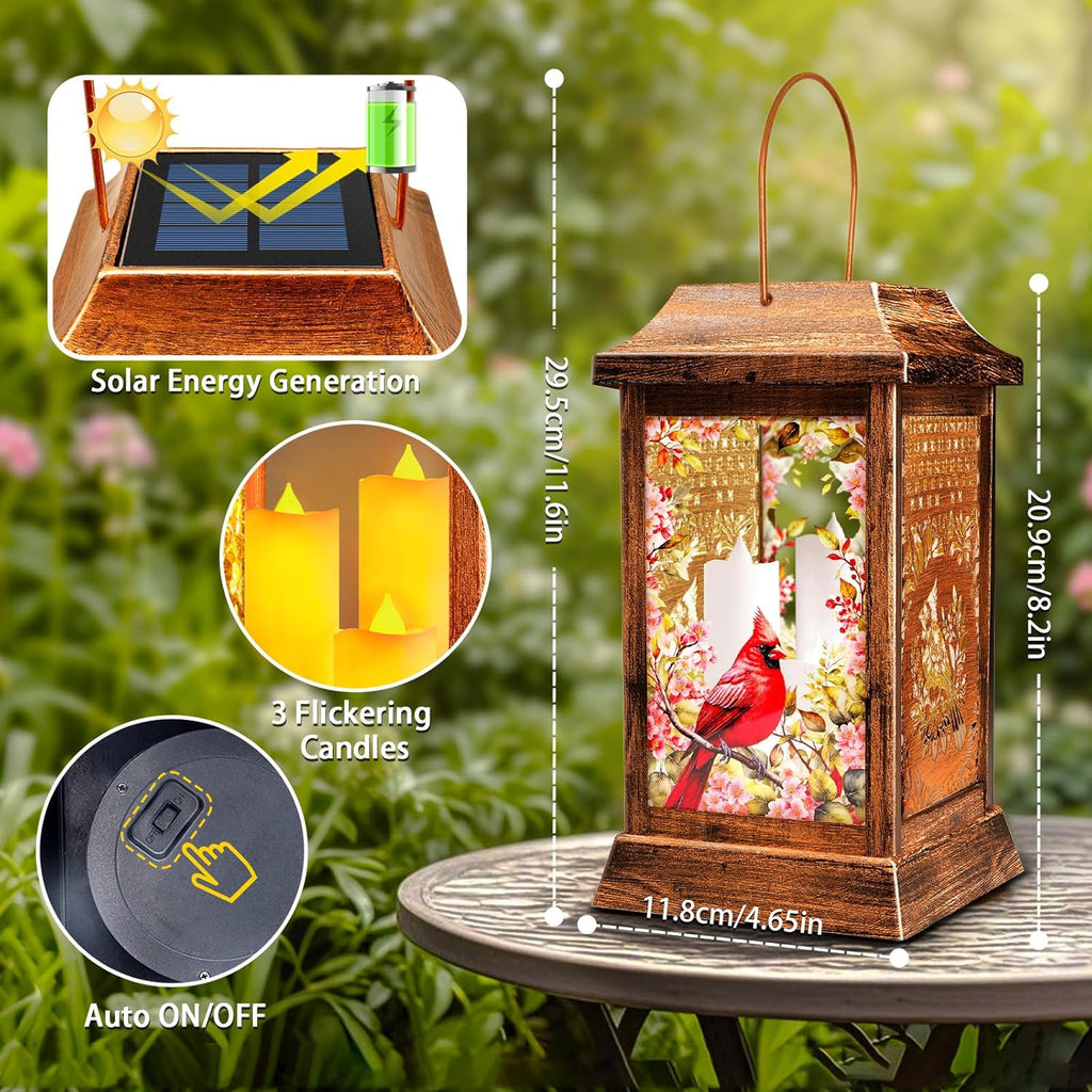 Cardinal Solar Lanterns Outdoor Waterproof, Metal & Glass Hanging Lights Garden Decor, Birthday Gifts for Women Mom Grandma Mothers Day, Decorative Lights for Outside Yard Patio Backyard Porch