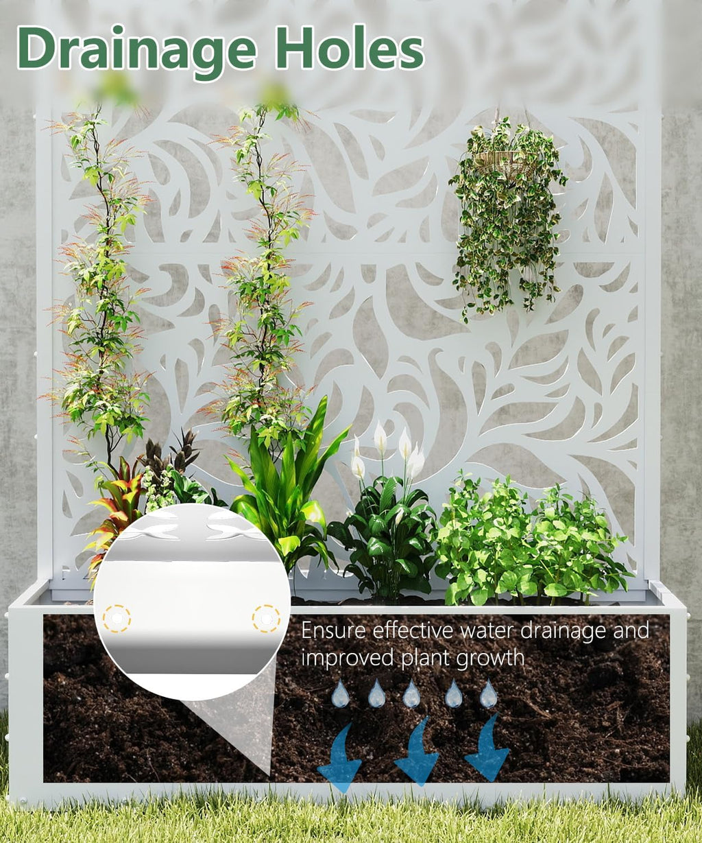 Metal Planter Box with Trellis,70.9"x47.2"x15.7" Raised Garden Bed with Drainage Holes, Privacy Planters for Outdoor Garden Bed for Climbing Plants,Vegetables,and Vines, White-Flower