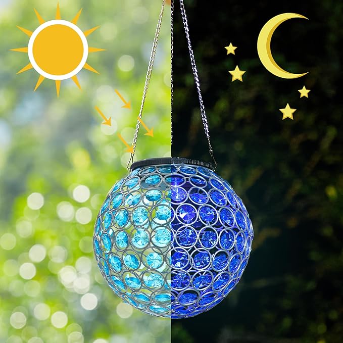 Solar Lantern Hanging Outdoor Christmas Decorative, Dual LEDs Color Changing and Blue Crystal Globe Lamp Hanging Light Waterproof with S Hook Decor in Garden, Pathway, Front Door- Blue