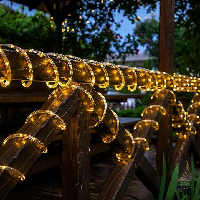 Solar Rope Lights, 66ft 200LED String, 8 Modes Waterproof Powered Outdoor, Flexible Clear Tube for Garden, Backyard, Patio, Deck, Porch, Pool, Tree Decor - Warm White