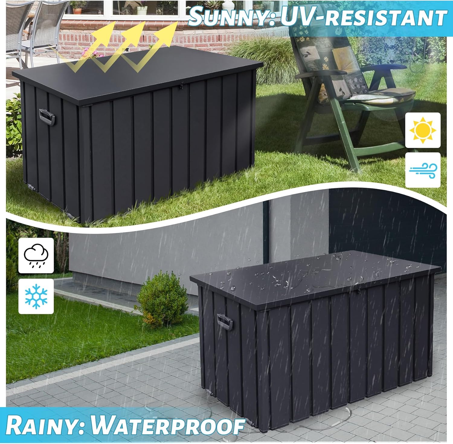 190 Gallon Metal Deck Box, Waterproof Steel Outdoor Box, Large Patio Furniture Storage Cabinet, Lockable Storage Bench for Porch Package Delivery, Pillows, Cushions, Pool, Tools, Backyard, Grey