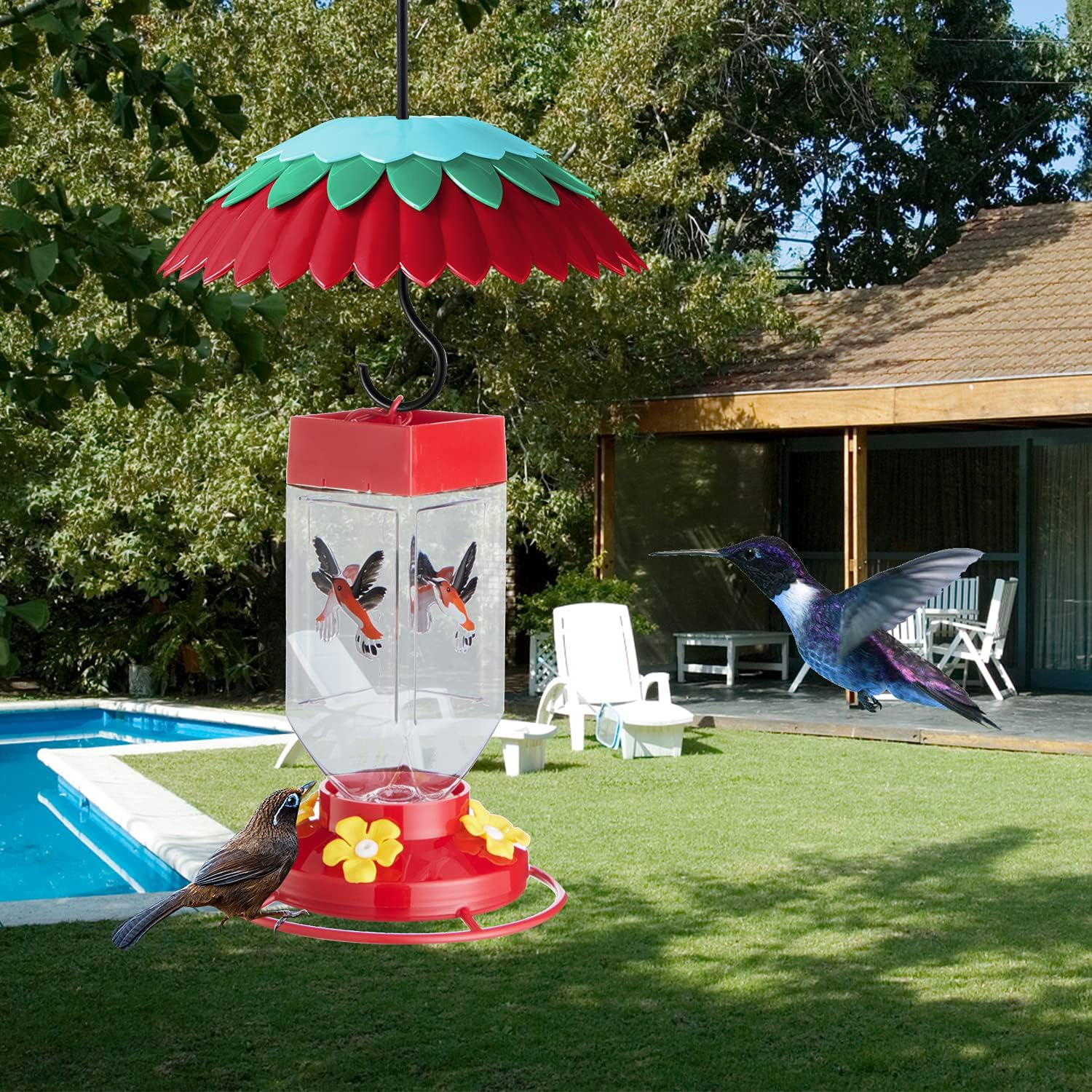 8" Bird Feeder Dome with Ant Moat, Skaithee 8" Bird Feeder Baffle with Ant Guard & Shepherd Hooks, Attract Hummingbirds & Anti Sun/Rain/Snow/Ants (Red 8 inches 20cm)