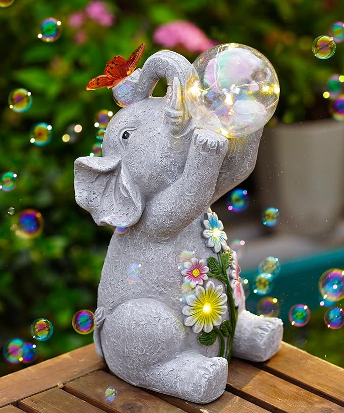 Nacome Solar Elephant Outdoor Statues for Garden: Outside Decor with Blow Bubbles Ball Lights Clearance for Yard Art Lawn Ornaments Porch Patio Balcony Home - Birthday Gifts for Grandma Mom Women