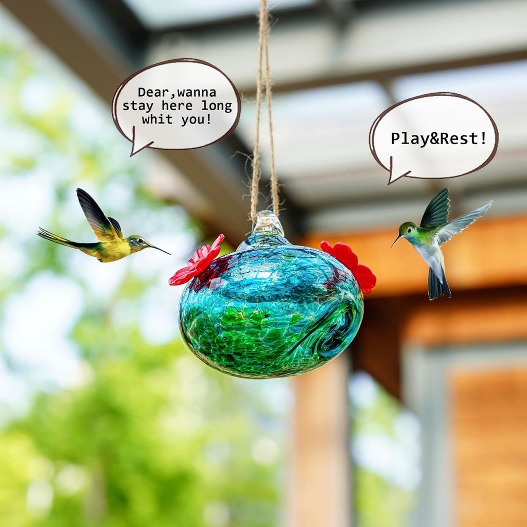 Blown Glass Hummingbird Feeders for Outdoors Small Glass Hummingbird Feeders to Attract Hummingbirds Ant and Bee Resistant Round Feeder Unique Gifts for Woman - 2 Feeding Ports