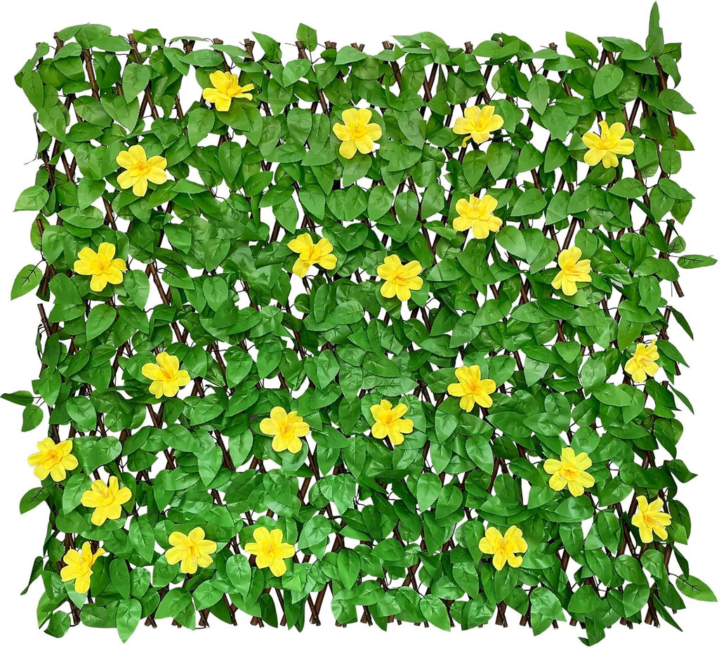 Expandable Fence Privacy Screen for Balcony Patio Outdoor,Decorative Faux Ivy Fencing Panel,Artificial Hedges (Single Sided Leaves) (4, Yellow Flowers)