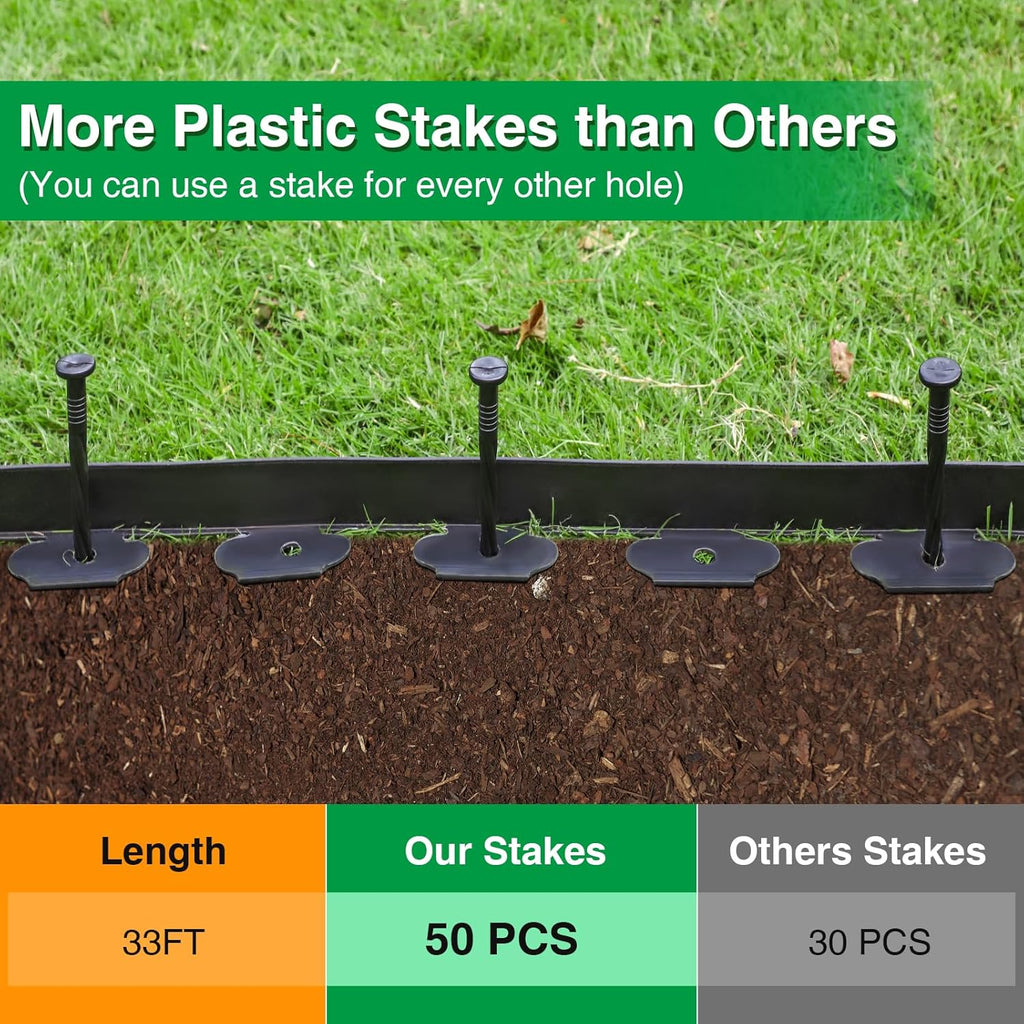 Bonviee 1.5 Inch x 33FT Landscape Edging Border with 50 Anchoring Spikes, No Dig Garden Border Edging Kit, Flexible Garden Edging for Landscaping, Flower Beds, Lawn, Yard, and Paver Pathways