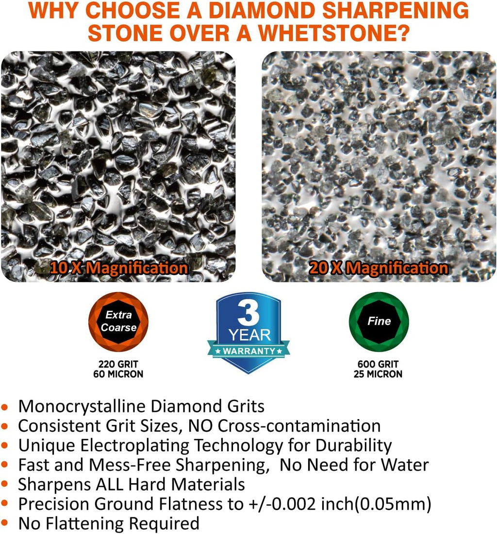 SHARPAL 169H Large 8" x 3" Dual-Grit Diamond Sharpening Stone – Extra-Coarse 220 & Fine 600 Grit Monocrystalline Diamond Whetstone, Professional Knife Sharpener with Anti-Slip Pad and Angle Guide