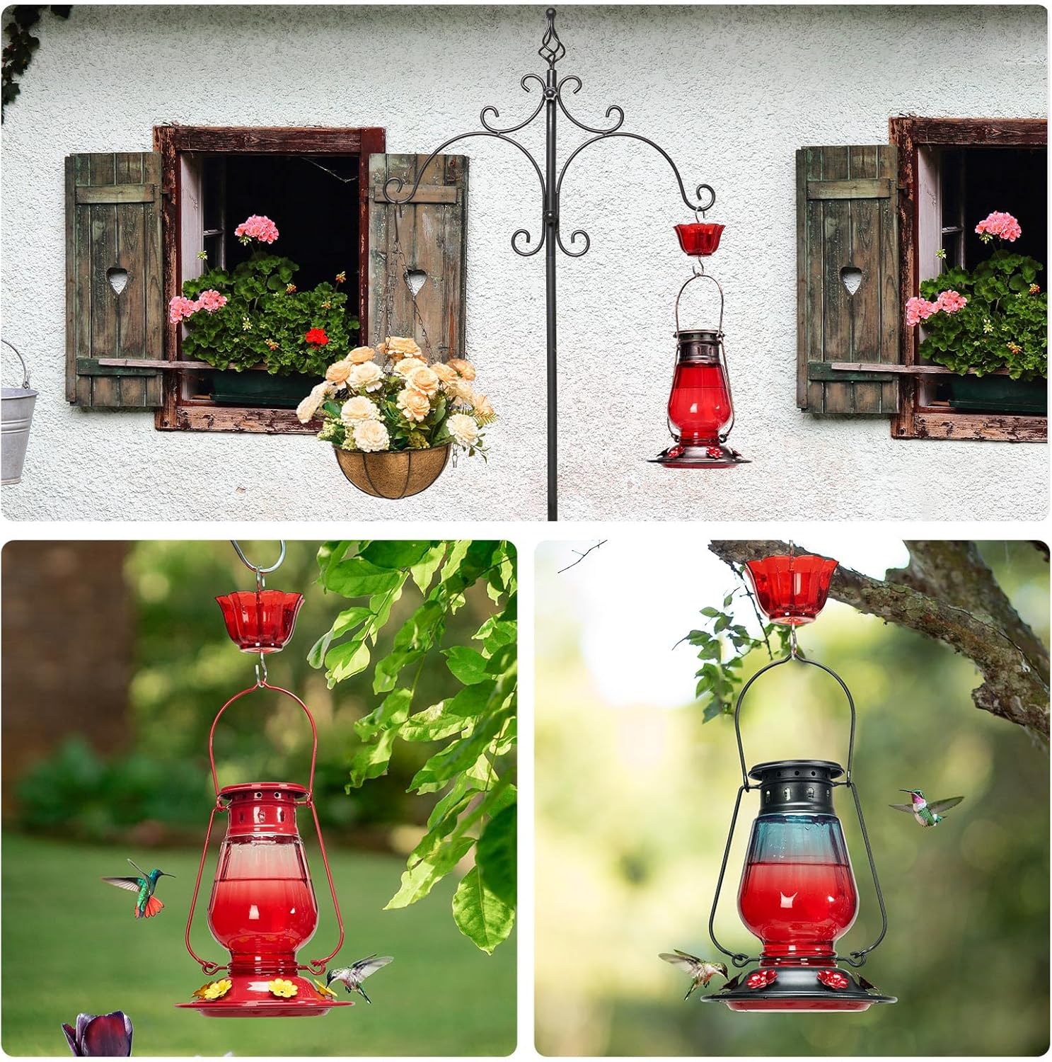 Kingsyard Vintage Glass Hummingbird Feeder Leak Proof Ant Bee Proof Lantern Bird Feeder with 6 Ports Moat, 24 oz Red