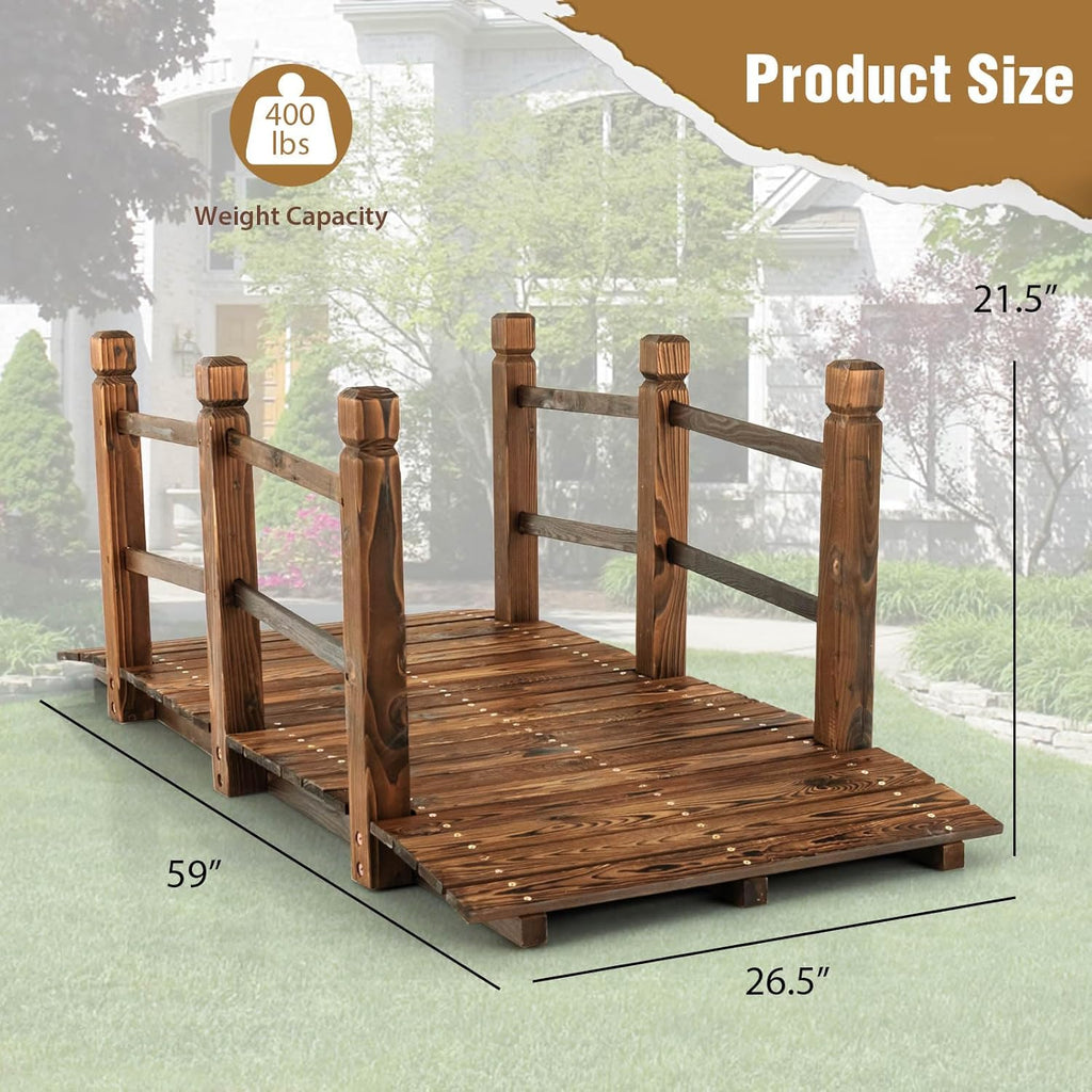 Giantex 5 ft Garden Bridge - Stained Wood Arc Footbridge Walkway with Side Railings, Decorative Wooden Bridge Landscaping for Backyard Farm Garden Creek Pond Decor, Easy to Assemble (Stained Brown)