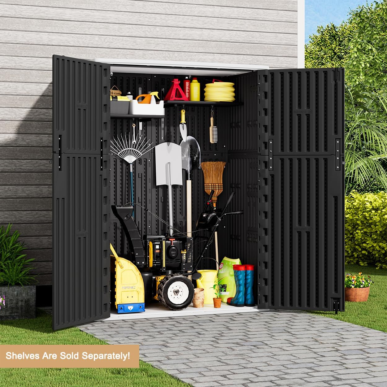 KINYING Outdoor Vertical Storage Shed,57 Cu.ft Outdoor Storage Cabinet Waterproof,Resin Sheds & Outdoor Storage Clearance for Garden,Patio,Backyard,Lockable (Black)