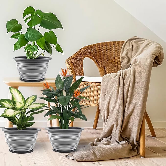 12 inch pots for Plants,Large 3 Pack Outdoor Flower Pots with Saucer and Drainage Holes, Plastic Plant Pots,Retro Antique Imitation Decorative Garden Containers Sets for Houseplant(White)