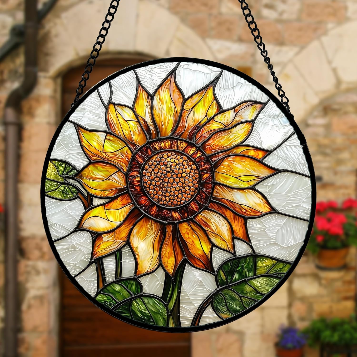 Stained Glass Window Hanging - Sunflower Flower Suncatcher Ready to Hang Window Doors Home Decoration and Christmas, Mother's Day Birthday Gifts for Women, Men, and Mom 6.3x6.3 in