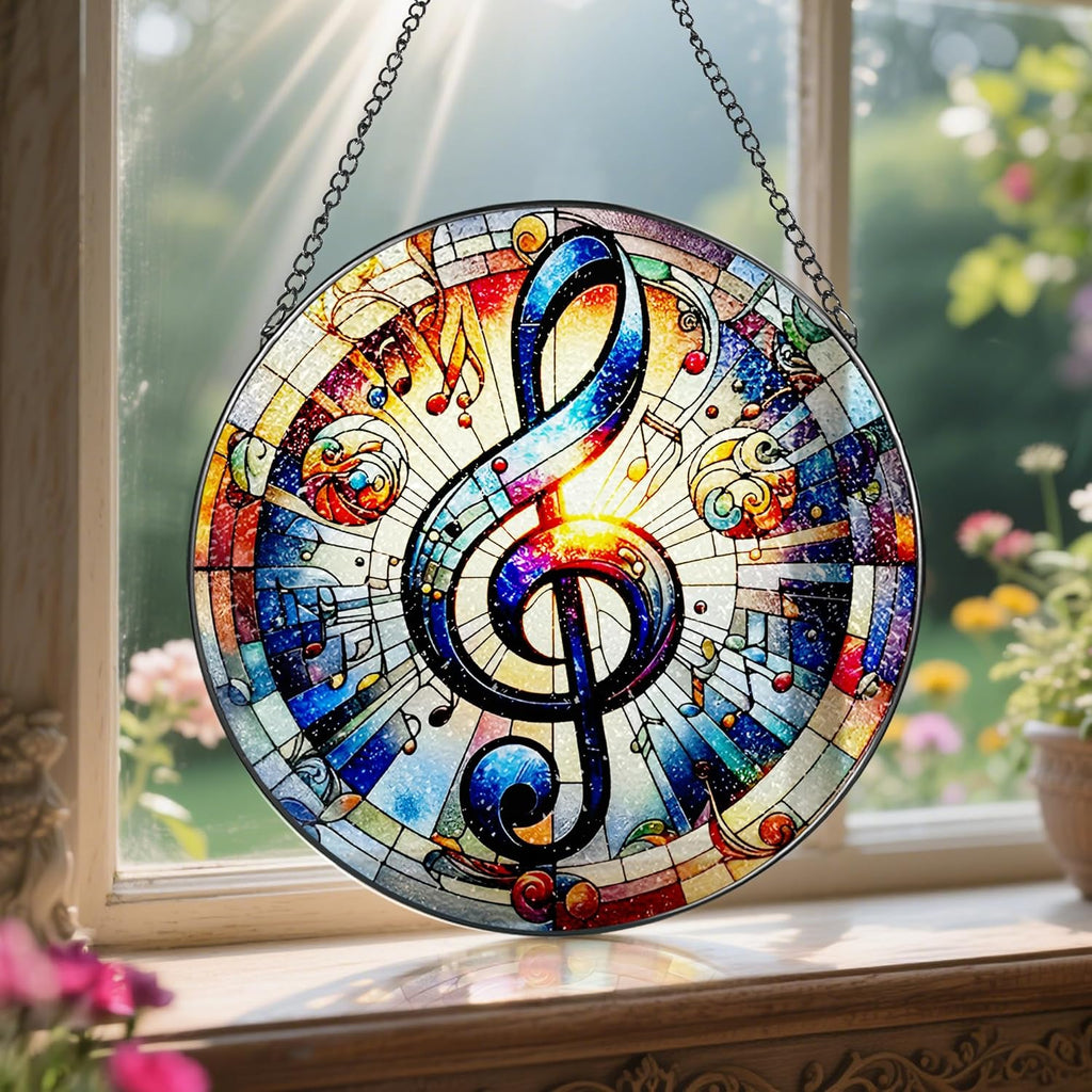 Stained Glass Window Hanging, LAOWEIKI 8'' Musical Note Suncatcher, Stained Glass Ornament, Suncatchers for Windows Hanging, Window Decor, Outdoor or Indoor, Gifts for Friends, Music Lover