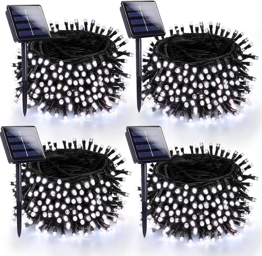 4 Pack 180FT Solar Christmas Lights Outdoor Waterproof, Super Bright 320 LED Solar String Lights with 8 Lighting Modes, Green Wire Twinkle Tree Light for Outside Xmas Party Decorations (Cool White)
