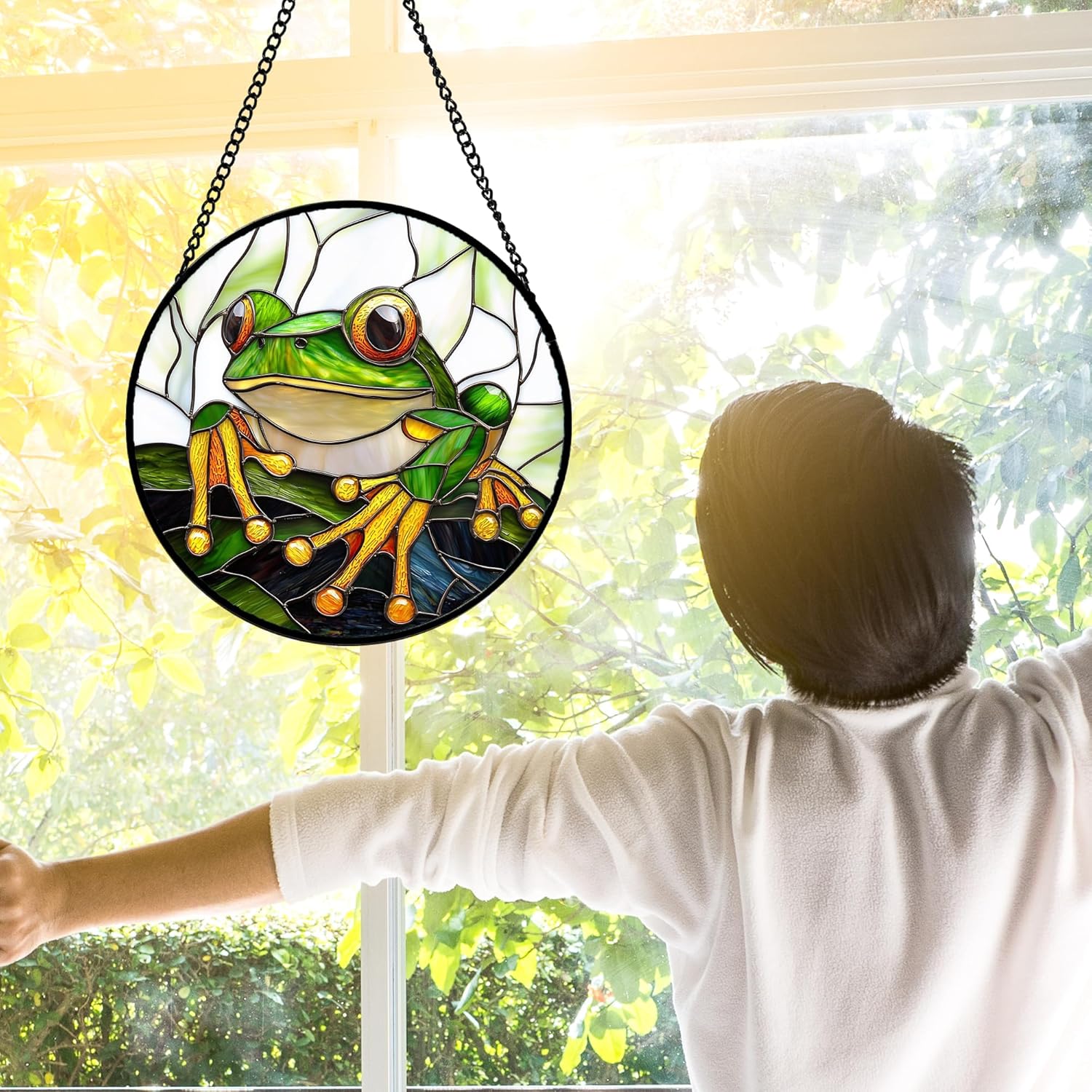 Stained Glass Window Hanging, Green Frog White Petals Sun Catchers Colorful Glass Panel Cute Suncatcher Decor for Birthday for Women, Men, Wife, Aunt, and Mom 9.8 in