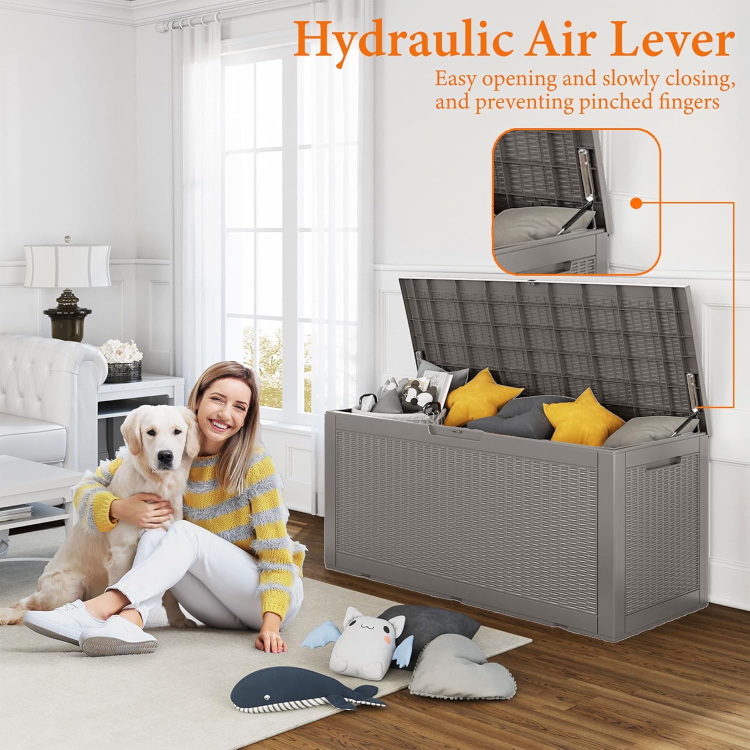 100 Gallon Resin Deck Box, Lockable Patio Outdoor Storage Box for Furniture, Garden Tools and Tools Storage, Waterproof Outside Storage Boxes - Grey