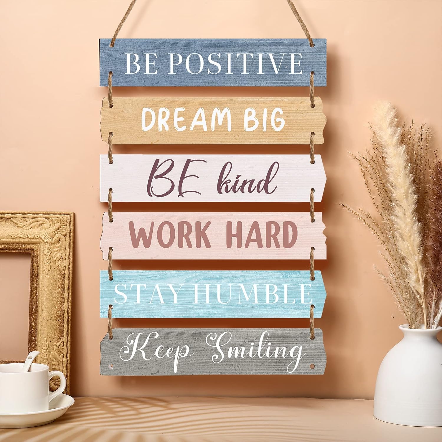 6 Pieces Rustic Wall Hanging Plaque Sign Inspirational Wall Art Farmhouse Wooden Door Signs Positive Plaque with Quotes Motivational Quote Decor for Office Bedroom Living Room(Classic Style)