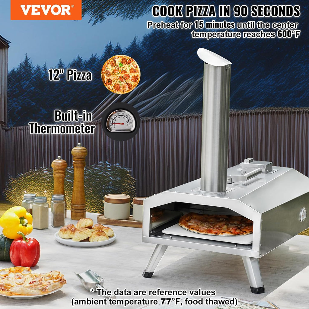 VEVOR Dual Fuel Pizza Oven Outdoor, 12 Inch Wood Fire & Propane Gas Pizza Oven, Pellet & Propane Pizza Maker with Thermometer, Foldable Leg, Stainless Steel Pizza Cook for Outside Camping & Backyard