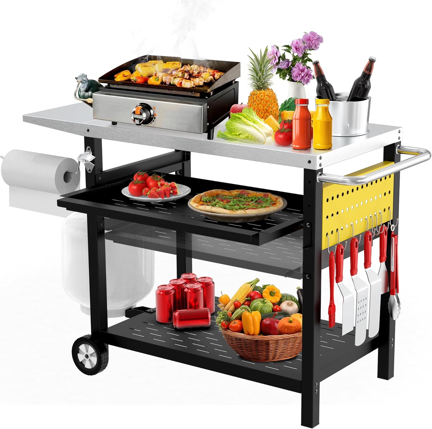 Outdoor Grill Cart with Pegboard, 3-Shelf Pizza Oven Table with Drawer, Stainless Steel Kitchen Dining Cart with Wheels, Food Prep Table Grill Stand for Outside BBQ Patio Backyard