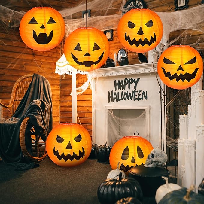 Retisee 20 Pcs 8 Inch Halloween Pumpkin Paper Lantern Halloween Jack O Lantern Paper Lantern Orange Pumpkin Lantern for Halloween Party Halloween Pumpkin Hanging Paper Lantern for Indoor Outdoor Decor